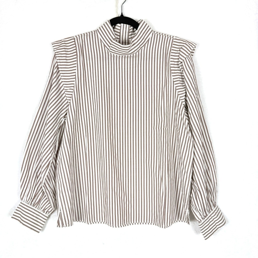 Everlane Brown White Striped Mock Neck Ruffle‎ Shoulder Blouse Top Size 8 - Picture 2 of 6